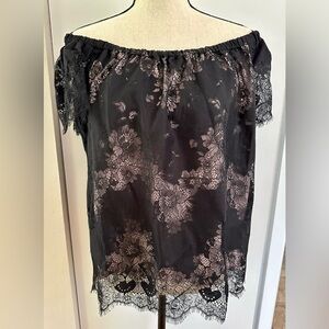 Gold Hawk Womens Floral Black Lace Overlay Short Sleeves Blouse Tan Medium NEW